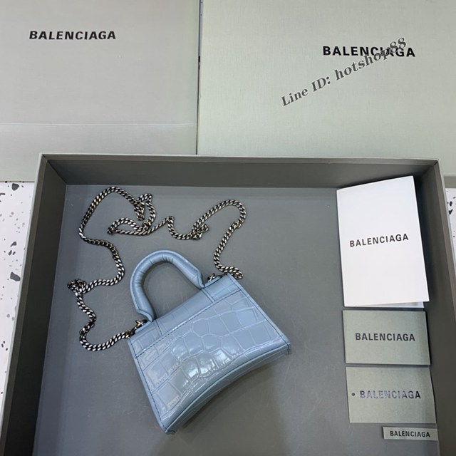 Balenciaga專櫃爆款mini Hourglass沙漏包 巴黎世家鱷魚紋霧霾藍超迷你號手提肩背女包 fyj1547